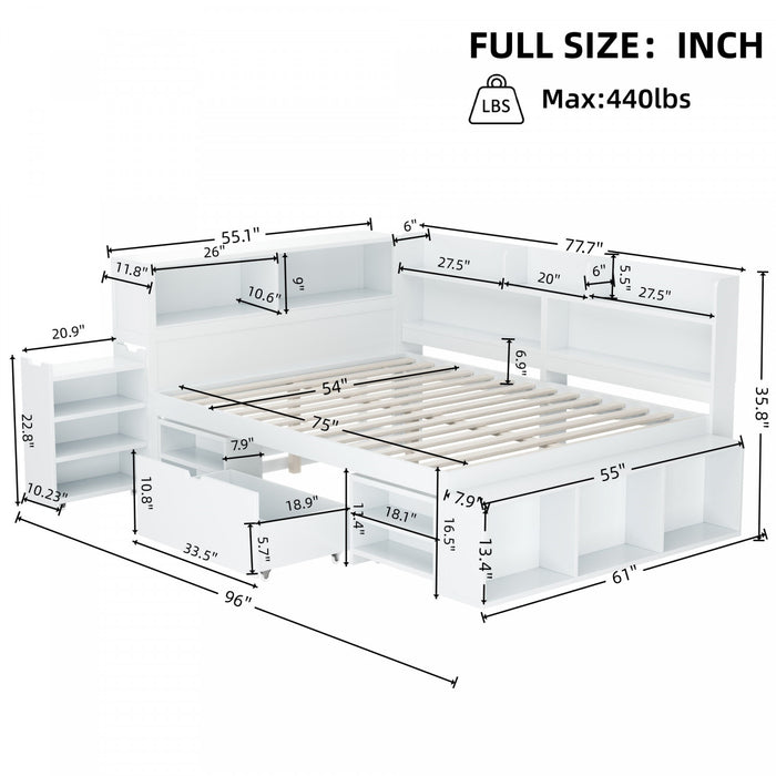 Ethan Multifunctional Daybed with Integrated Storage with Drawers and Bookcase,Full Size,White Full Bed
