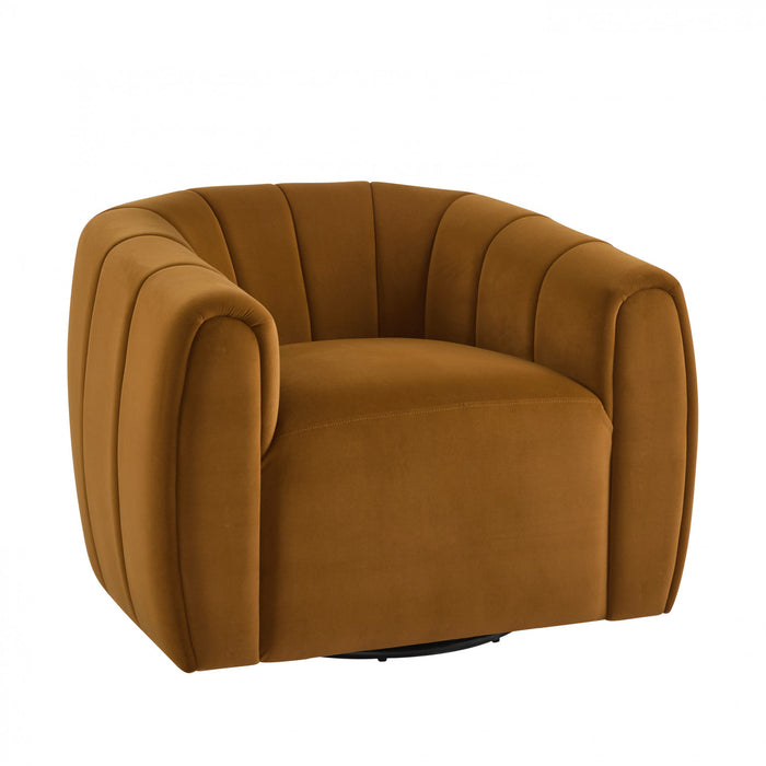 Vela Modern Velvet Swivel Club Chair with Tub Design, Black, Caramel