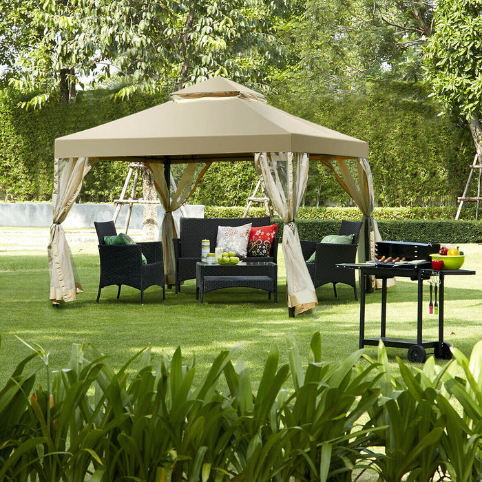 Costway 2-tier 10'x10' Gazebo Canopy Shelter Awning Tent Patio Garden Screw-free Structure Brown