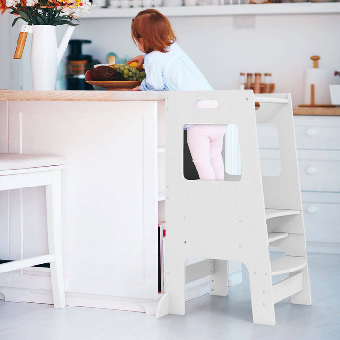 Costway Toddler Kitchen Step Stool With Activity Chalkboard Adjustable Height & Safety Rail White