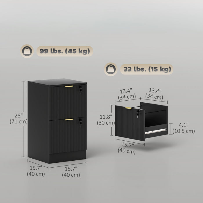 HOMCOM 2 Drawer File Cabinet Fluted Vertical Filing Cabinet with Lock Black