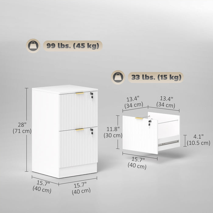 HOMCOM 2 Drawer File Cabinet Fluted Vertical Filing Cabinet with Lock White