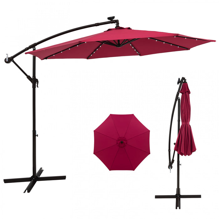 Costway 10 Ft Patio Solar LED Offset Umbrella 40 Lights Crank Cross Base Wine