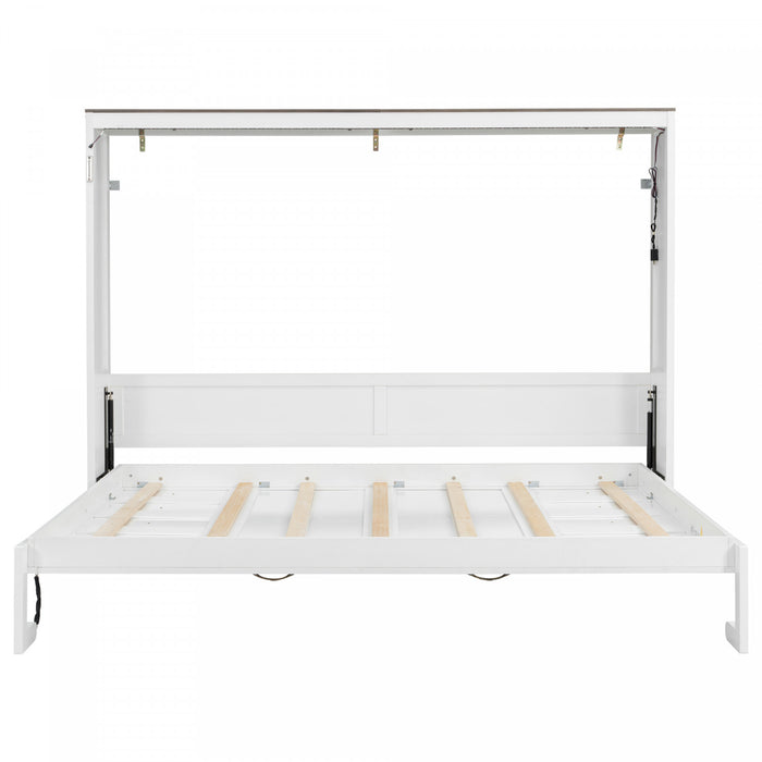Olivia Solid Wood Murphy Bed with LED Light and Foldable Cabinet,Queen Size,White Queen Bed