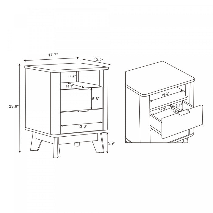 Orlen Mid-Century Modern 2-Drawer Multi-Purpose Nightstand & End Table in Whitewashed Oak