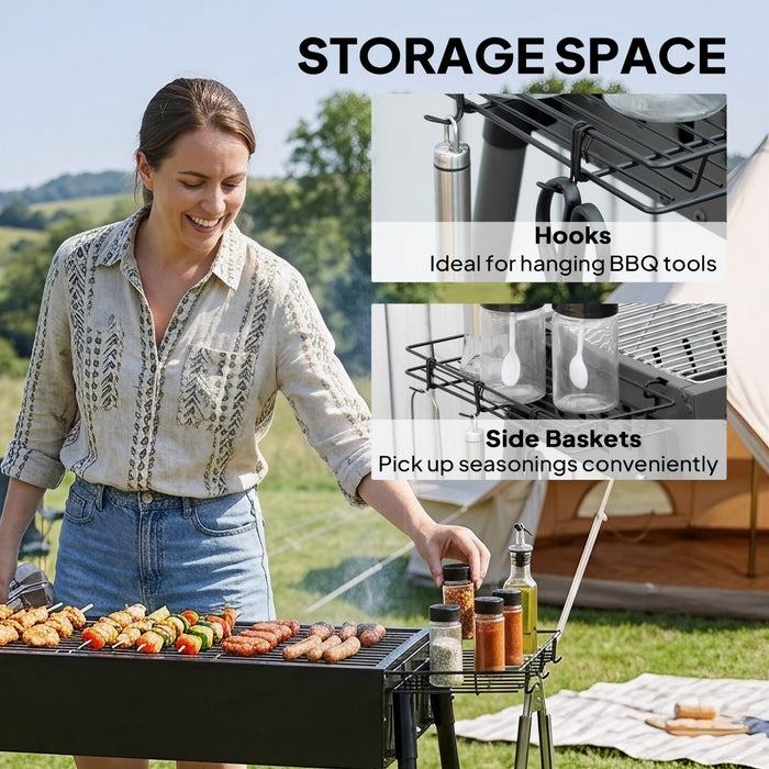 Outsunny Portable Outdoor Charcoal BBQ Grill with Side Seasoning Baskets, Hooks, and Barbecue Nets for Outdoor, Garden, Cooking, Picnic, Camping, Black