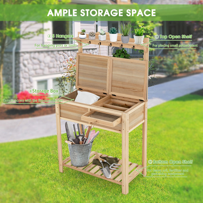 Costway Outdoor Garden Potting Bench Table Wooden Work Station W/metal Top Open Shelf