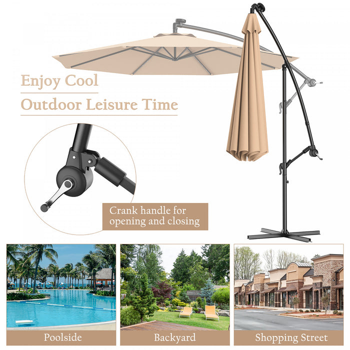 Costway 10' Hanging Solar LED Umbrella Patio Sun Shade Offset Market W/ Base Beige
