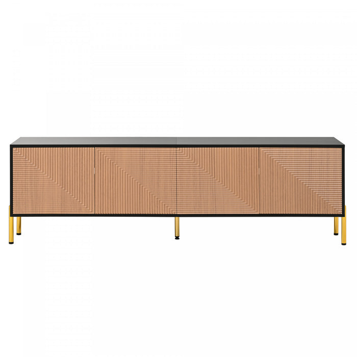 Arcadia 70.5 Inch Modern TV Cabinet with Textured Doors and Gold Legs, Black/Wood