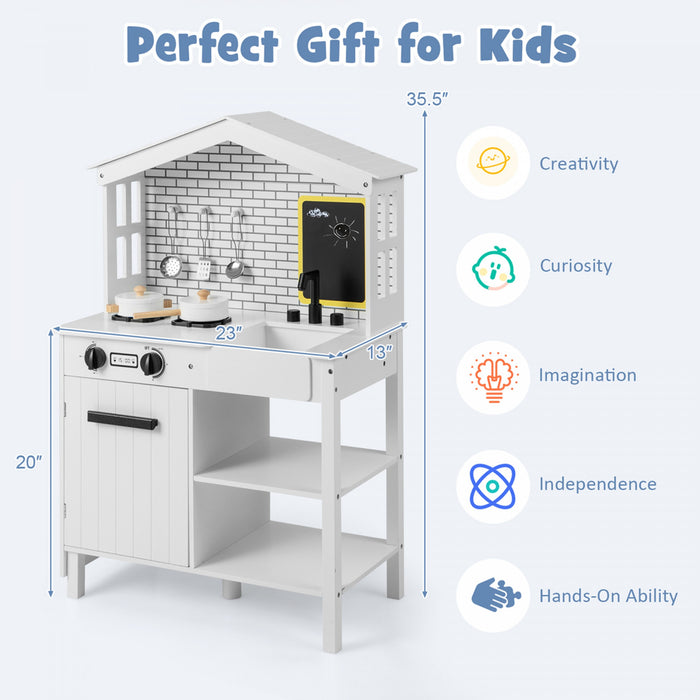 Costway Kids Farmhouse Kitchen Play Set Wooden Pretend Toy With Storage & Accessories