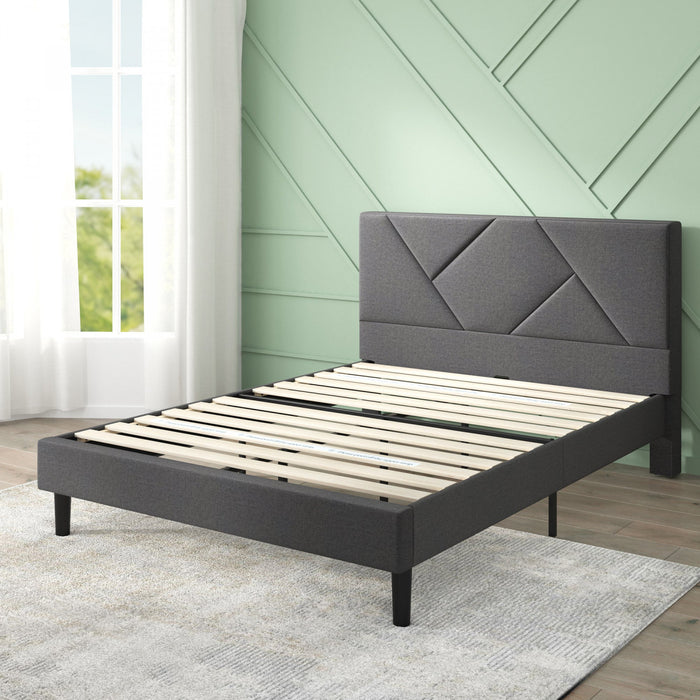 Judy Upholstered Platform Bed with Headboard in Dark Grey - Queen Size