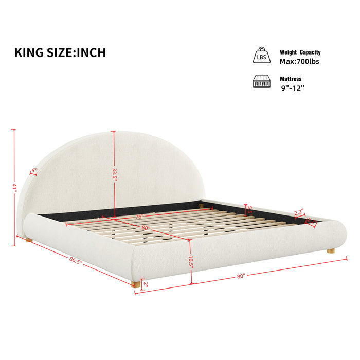 Harold Platform Bed with Boucle Upholstered Round Curved Headboard and Low-Profile Frame,King Size,White King Bed