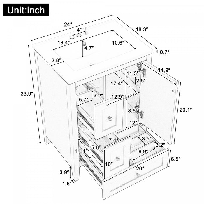 Mia 24\" Bathroom Vanity with Ceramic Sink and Multi-Drawer Storage, Blue Gray