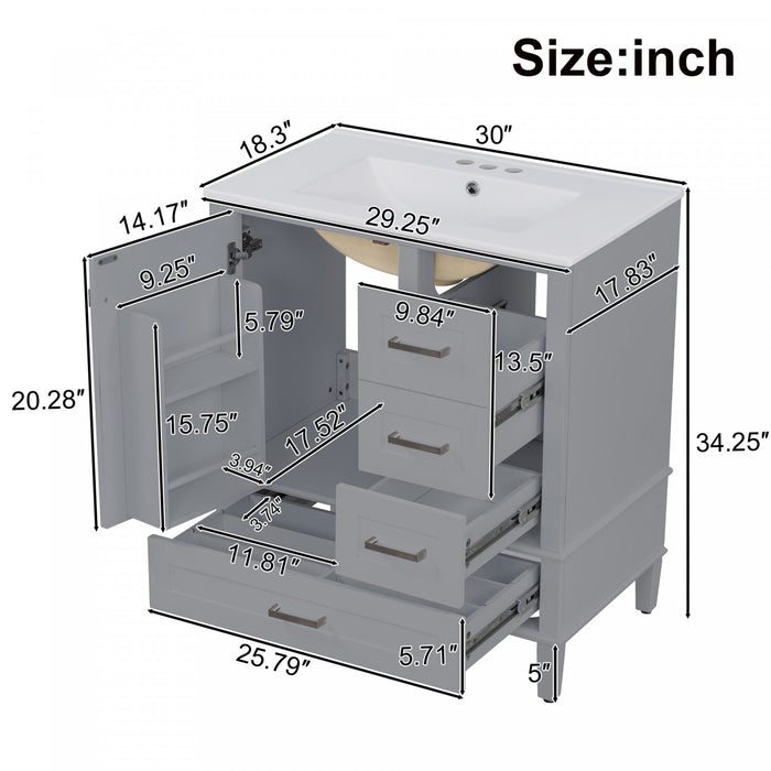 Oliver Solid Wood Bathroom Vanity with Sink Combo and Smart Storage, Grey