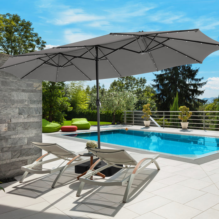 Costway 15Ft Patio Double-Sided Solar LED Market Umbrella Crank 36 Lights Base Grey