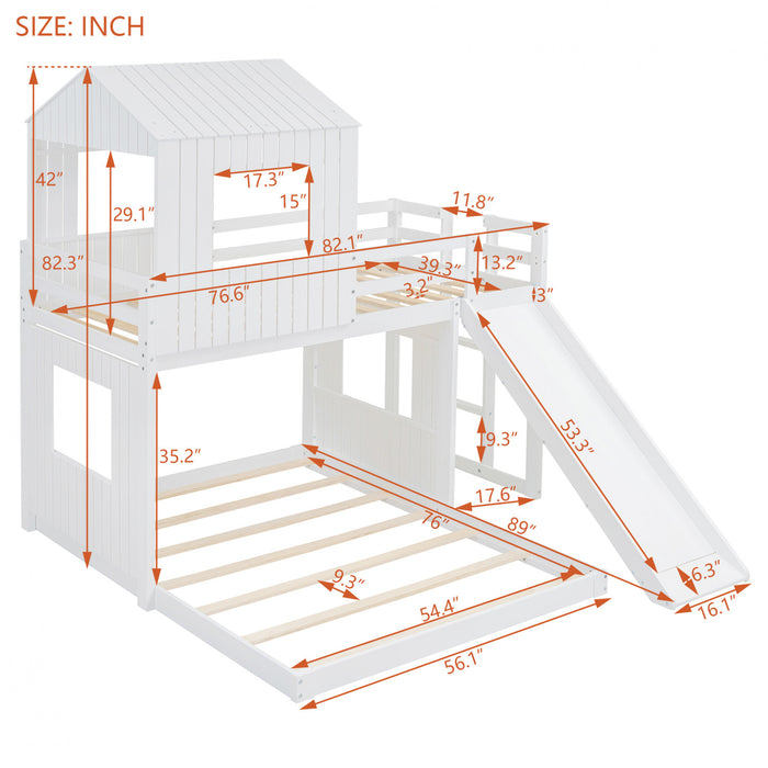 Marico Twin Over Solid Wood Full Bunk Bed With Slide, Playhouse Design, White