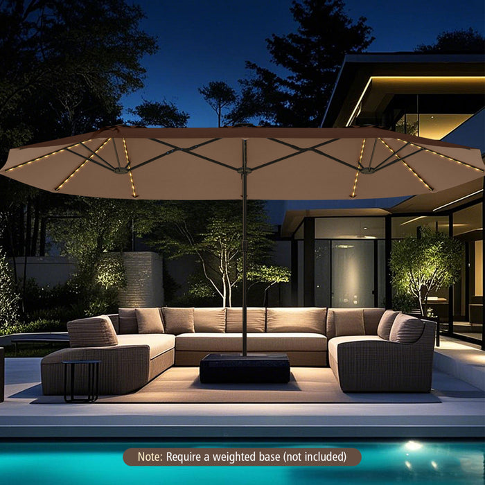 Costway 15.5 FT Extra-Large Patio Umbrella with LED Solar Lights & 12 Heavy-Duty Ribs Brown