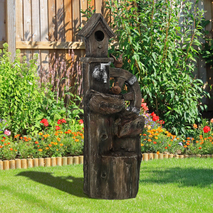 Outsunny 2-in-1 Outdoor Water Fountain with Birdhouse, Outdoor Waterfall