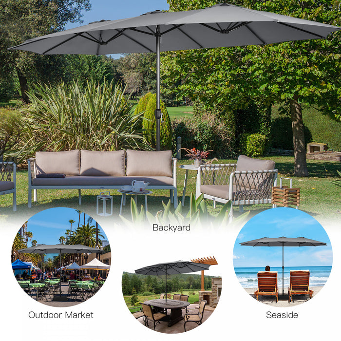 Costway 15FT Double-Sided Twin Patio Umbrella Outdoor Market W/ Crank & Base Grey