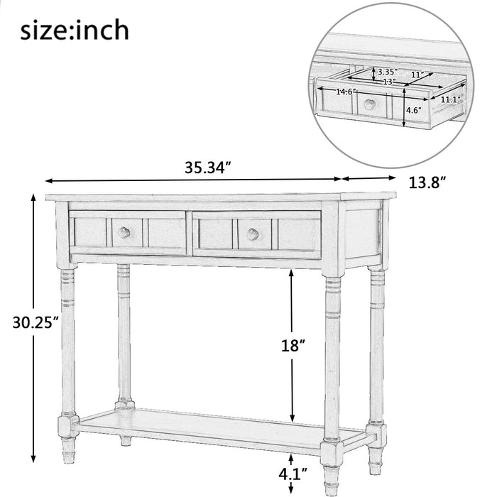 Jeremy Solid Wood Traditional Console Table With Drawers And Shelf - Ivory White