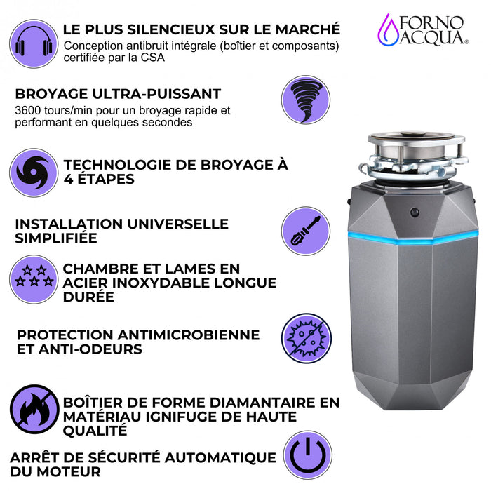 BrightDIAMOND 3/4HP Quietest Waste Disposer, LED Cabinet Light, Corded & Air Switch, Black Onxy - WDD075TA1BO Food Disposer