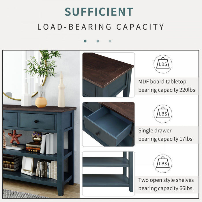 Wendy Solid Wood Console Table With 3 Drawers And 2 Open Shelves,navy Blue Accent Cabinet