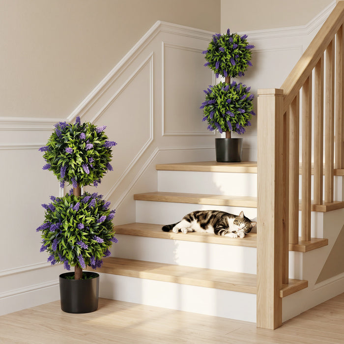 HOMCOM 2.3ft Set of 2 Potted Artificial Plant Ball Tree w/ Lavender Flowers