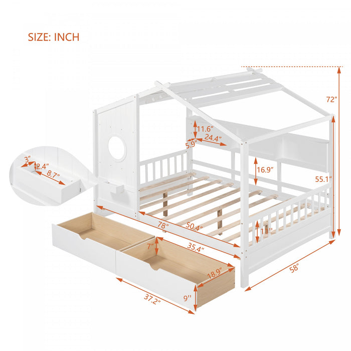Jeames Wood House Bed with 2 Storage Drawers and Shelf, Full Size - White