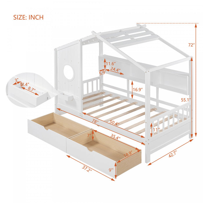 Jeames Wood House Bed with 2 Storage Drawers and Shelf,Twin Size - White