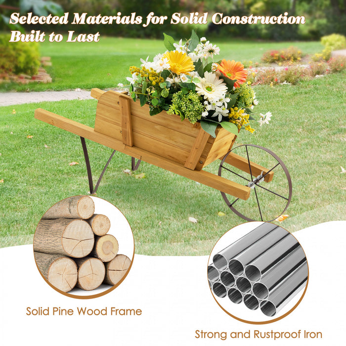 Costway Wooden Wagon Planter Decorative Indoor/outdoor Rustic Flower Cart With Wheel Beige