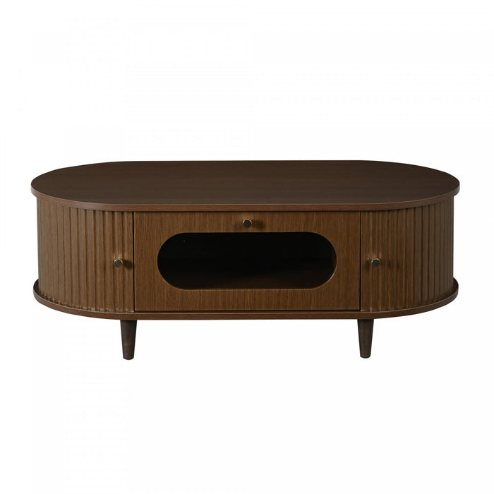 Grain 39.3 Inch Walnut Coffee Table with Roll-Up Door and Acrylic Drawer, Walnut