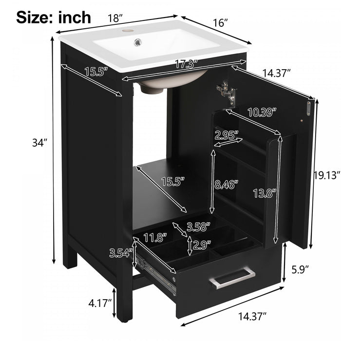 Wayne 18 Inch Compact Modern Bathroom Vanity with Ceramic Sink, Black