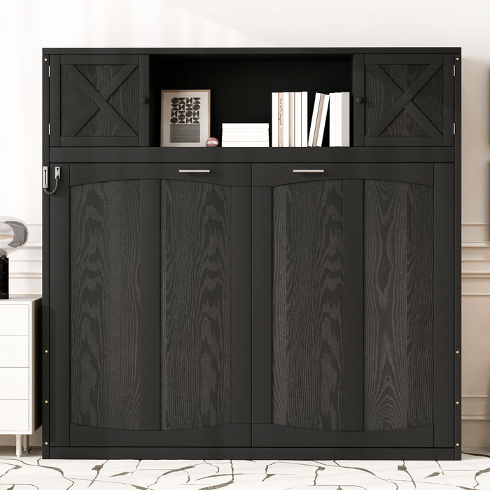 Ethan Solid Wood Murphy Bed with Storage Cabinets,Queen Size,Black Queen Bed