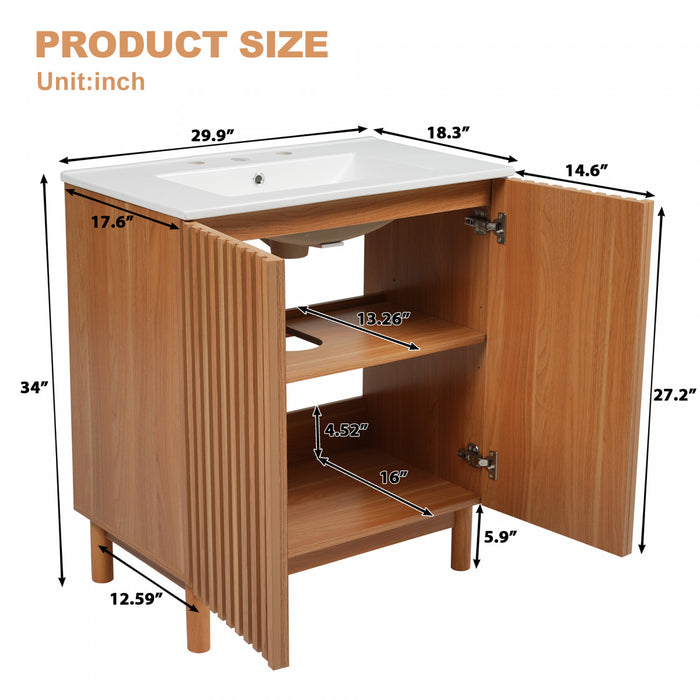 Haven Traditional 29.9 Inch Bathroom Vanity with Adjustable Storage, Brown