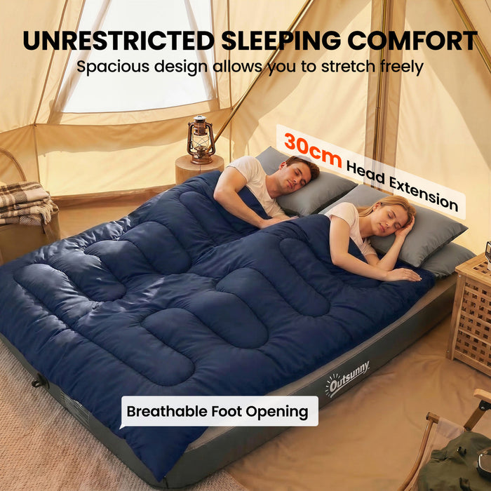 Outsunny Double Sleeping Bag for Adults, Queen Size 2 Person Sleeping Bag, Lightweight Quilt with 2 Pillows, for Cold Weather & Warm, Camping Hiking Backpacking, Dark Blue