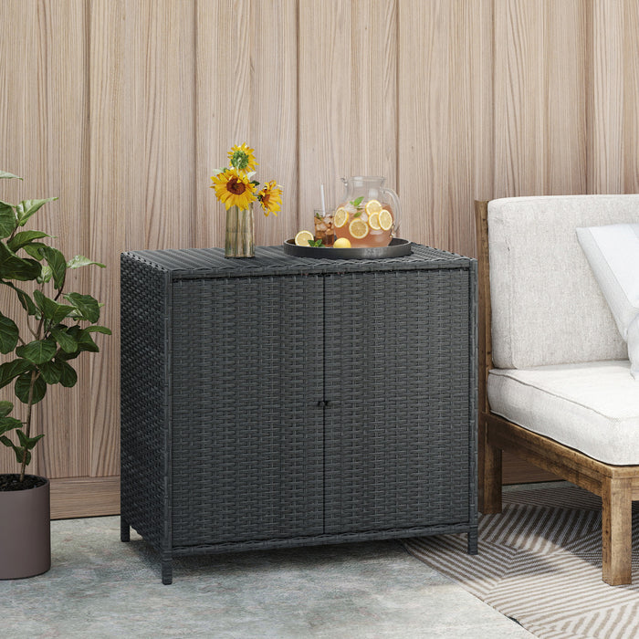 Outsunny Wicker Outdoor Storage Cabinet with 2 Magnetic Doors, Dark Grey