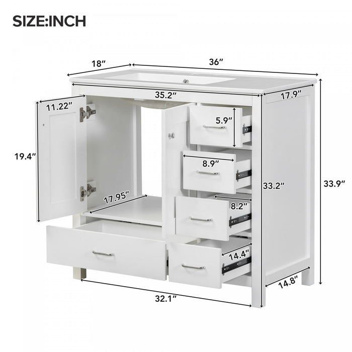 Derek 36 Inch Modern Bathroom Vanity with Ceramic Sink & Multi Storage, White