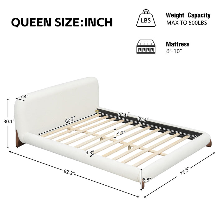 Emma Low Profile Platform Bed Frame with Curved Headboard and Boucle Upholstery, Queen Size,Cream White Queen Bed