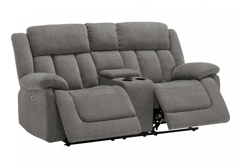 MONARCH SPECIALTIES 2-SEATER POWER RECLINING UPHOLSTERED LOVE SEAT, 76\" WIDE, LIGHT GREY FABRIC, TRANSITIONAL RECLINER