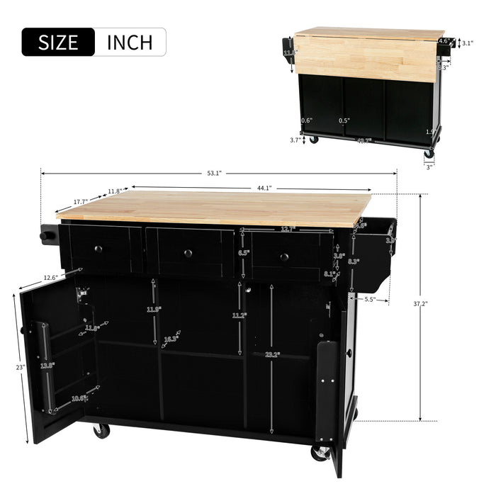 Margery Rubberwood Kitchen Cart With Drop-leaf Countertop And Storage Racks - Black