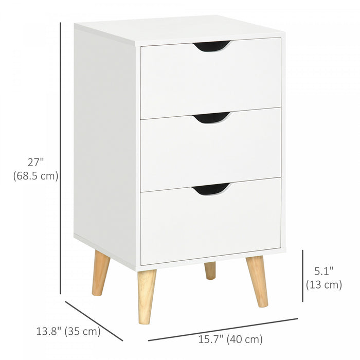 HOMCOM Nightstand, Bedside Table with 3 Drawers, Wood Legs, White