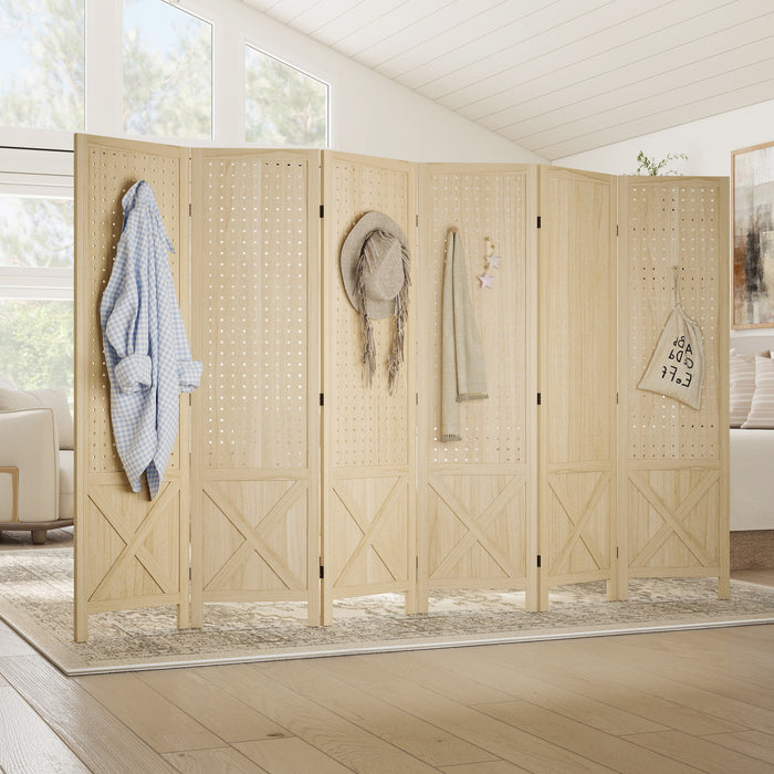 HOMCOM 4.7' 6 Panel Room Divider with Pegboard Display for Indoor, Natural