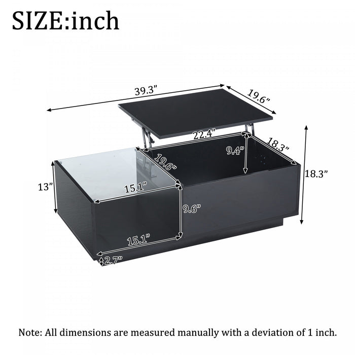 James Lift Up Coffee Table with Hidden Storage and LED Lighting,Black