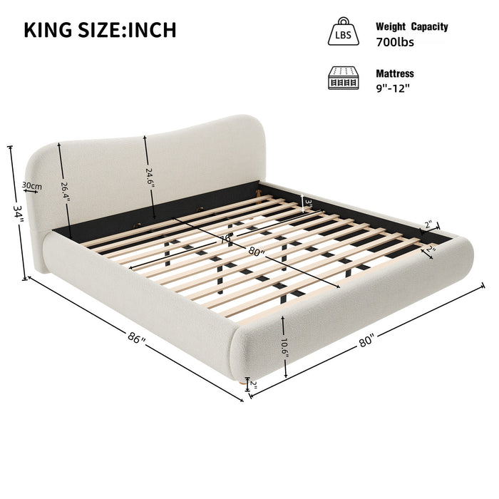 Camille Platform Bed with Curved Headboard and Luxurious Boucle Upholstery,King Size,White King Bed