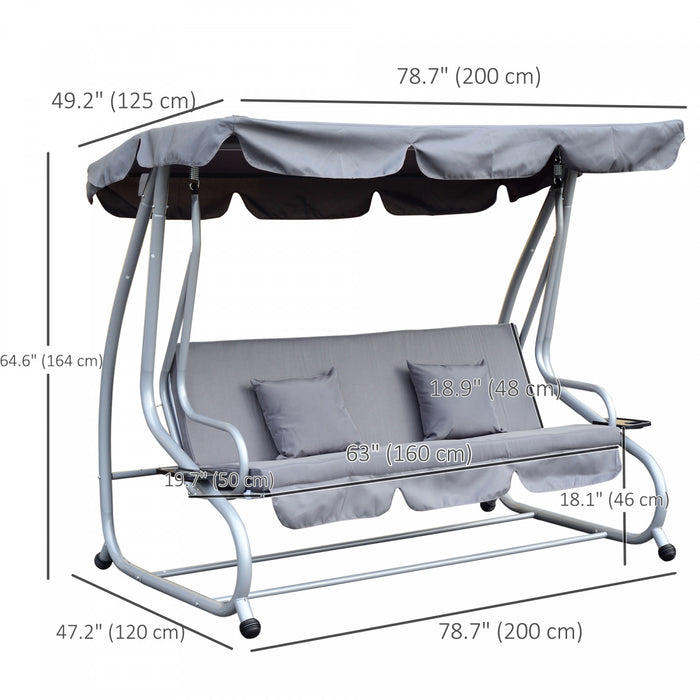 Outsunny 3-seat Outdoor Patio Swing Chair, Converting Flat Bed, Canopy Swing With Adjustable Shade, Removable Cushions, Cup Holder, Grey
