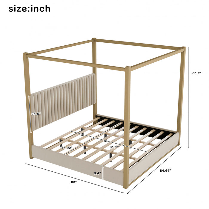 Sophia Upholstery Canopy Platform Bed with Foam Headboard and Velvet,King Size,Beige King Bed