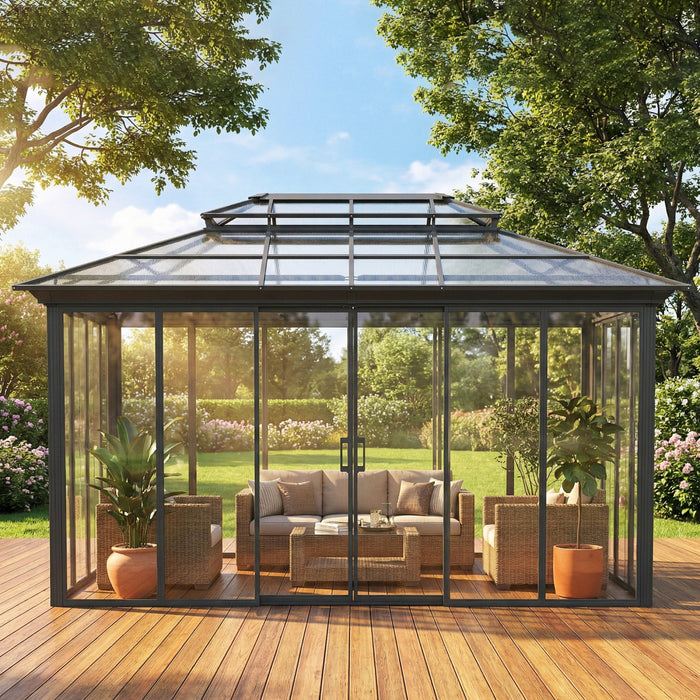 Outsunny 10' x 14' Outdoor Hardtop Gazebo, Aluminum Sun Room, Dark Grey