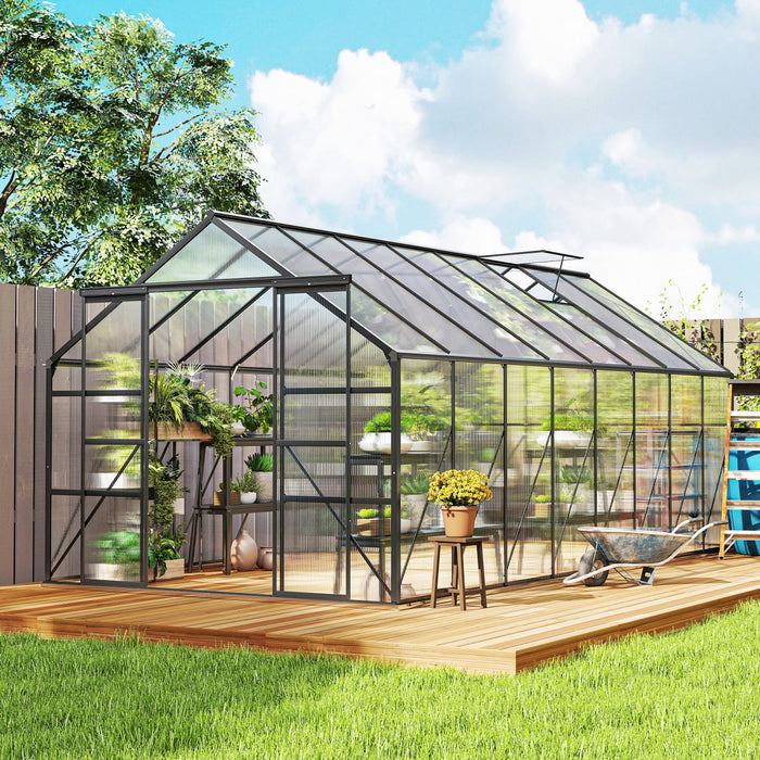 Outsunny Aluminum Greenhouse Polycarbonate Greenhouse with Rain Gutter
