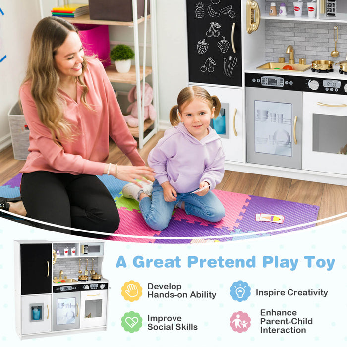 Costway Kid's Pretend Play Kitchen Toddler Kitchen Playset With Blackboard Beige
