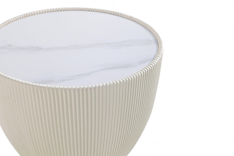 Anderson Modern Sintered Stone Top Upholstered End Table in Cream - Set of 2